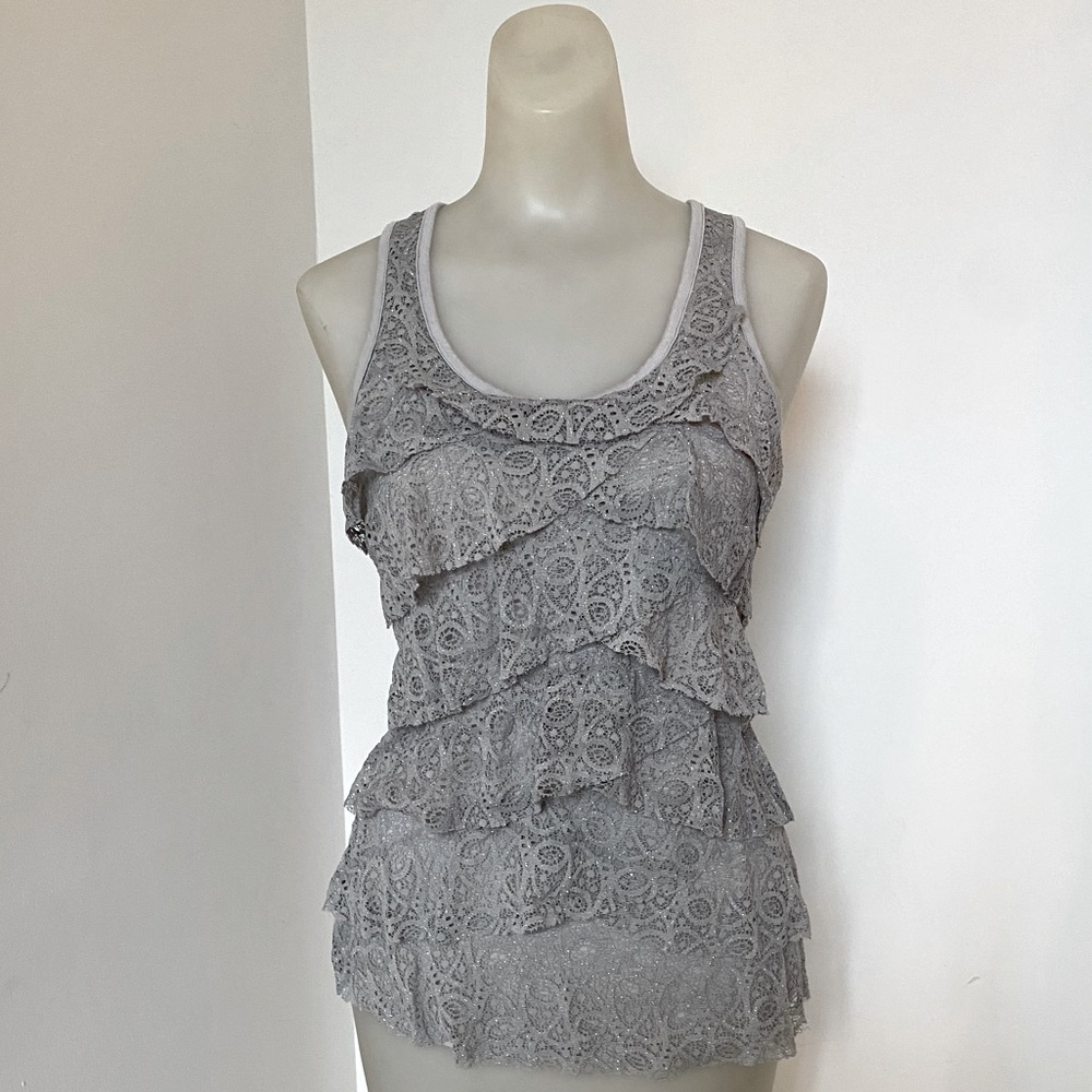 Charlotte Rouse Gray Ruffled Tank Top Size Medium - Picture 3 of 6